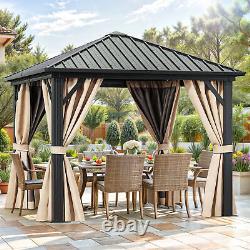 10x10ft Outdoor Gazebo Hardtop Shelter Iron Roof Galvanized Steel with Curtains