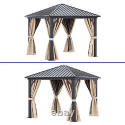 10x10ft Outdoor Gazebo Hardtop Shelter Iron Roof Galvanized Steel with Curtains