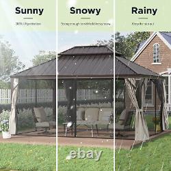 12'X16' Outdoor Gazebo Canopy Galvanized Steel Hardtop Roof Canopy with Curtains