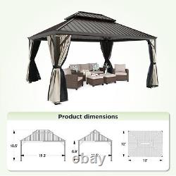 12'X16' Outdoor Gazebo Canopy Galvanized Steel Hardtop Roof Canopy with Curtains