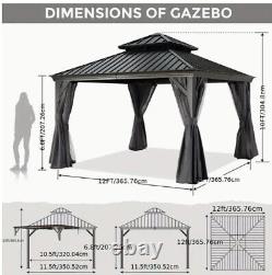 12' X 12' Hardtop Aluminum Metal Gazebo With Galvanized Steel Double Roof Canopy