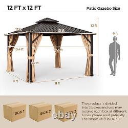 12' x 12' Double-Roof Hardtop Gazebo with Galvanized Steel Roof Netting Curtains