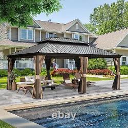 14' x 20' Outdoor Hardtop Gazebo Aluminum Brown Frame withSidewalls Double Roof