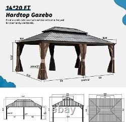 14' x 20' Outdoor Hardtop Gazebo Aluminum Brown Frame withSidewalls Double Roof