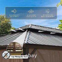 14' x 20' Outdoor Hardtop Gazebo Aluminum Brown Frame withSidewalls Double Roof