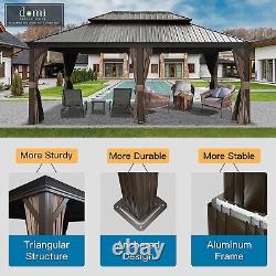 14' x 20' Outdoor Hardtop Gazebo Aluminum Brown Frame withSidewalls Double Roof