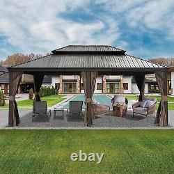 14' x 20' Outdoor Hardtop Gazebo Aluminum Brown Frame withSidewalls Double Roof