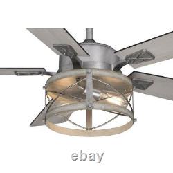 52 Large Room White Wash Faux Wood Galvanized Indoor LED Ceiling Fan Drum Light