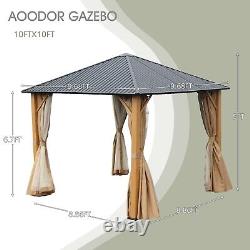 Aoodor 10x10ft. Wood Grain Aluminum Hardtop Gazebo With Curtain & Netting