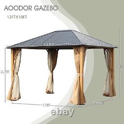 Aoodor 12x10ft. Wood Grain Aluminum Hardtop Gazebo With Curtain & Netting