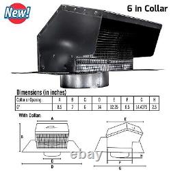 Heavy Duty Roof Vent Cap Hood w Damper & Removable Screen, 6 Dia Collar Exhaust