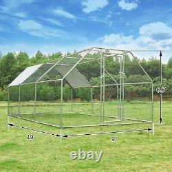 Large Metal Chicken Coop Walk-in Poultry Cage Hen House Flat Roof withCover Yard
