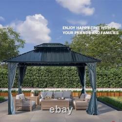 Outdoor Patio Hardtop Gazebo, Galvanized Double Roof Canopy with 10x12ft Black