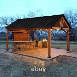 Outdoor Wood Gazebo Hardtop Wooden Frame 11x13 Feet Metal Roof Permanent Pergola