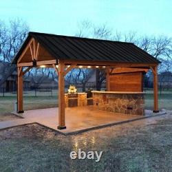 Outdoor Wood Gazebo Hardtop Wooden Frame 11x13 Feet Metal Roof Permanent Pergola