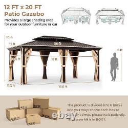 12' x 20' Gazebo à toit double en dur avec rideaux en filet de toit en acier galvanisé