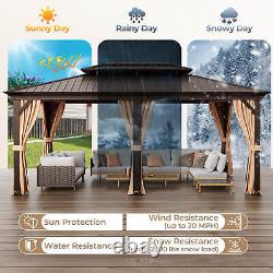 12' x 20' Gazebo à toit double en dur avec rideaux en filet de toit en acier galvanisé