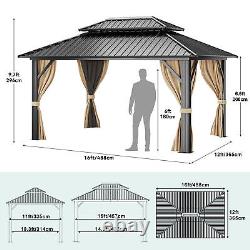 12x16ft Pavillon à toit rigide à double toit en acier galvanisé avec rideaux de moustiquaires