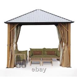 Aoodor 10x10ft. Gazebo Dur en Aluminium avec Motif Bois avec Rideaux et Filet