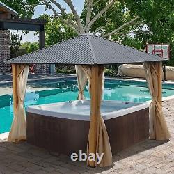 Aoodor 10x10ft. Gazebo Dur en Aluminium avec Motif Bois avec Rideaux et Filet