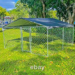 Cage pour chien en métal de 10x10 pi avec toit et couverture pour enclos extérieur de grande taille à la ferme.
