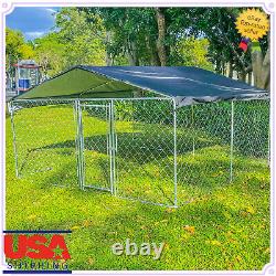 Cage pour chien en métal de 10x10 pieds avec toit et couverture pour enclos extérieur sur grande ferme.