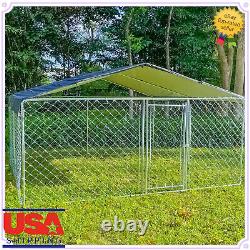 Cage pour chien en métal de 10x10 pieds avec toit et couverture pour enclos extérieur sur grande ferme.