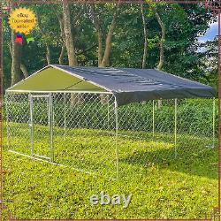 Chenil pour chien de 10 x 10 pieds en métal pour l'extérieur avec parc à chiens spacieux et clôtures, et couverture de toit.