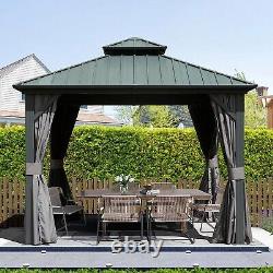 Domi 10' x 10' Gazebo à Toit Rigide en Aluminium Extérieur avec Rideaux et Filet, Gris