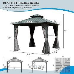 Domi 10' x 10' Gazebo à Toit Rigide en Aluminium Extérieur avec Rideaux et Filet, Gris