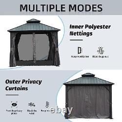 Domi 10' x 10' Gazebo à Toit Rigide en Aluminium Extérieur avec Rideaux et Filet, Gris