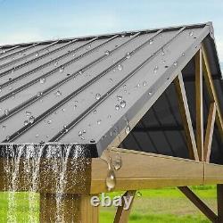 Domi 12' x 14' Gazebo extérieur à toit rigide avec cadre en aluminium imitation bois de teck