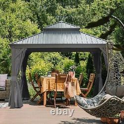 Domi 12x12FT Gazebo Dur extérieur avec toit en aluminium double, rideaux et filet, gris