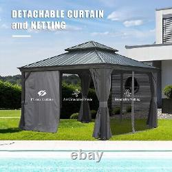 Domi 12x12FT Gazebo Dur extérieur avec toit en aluminium double, rideaux et filet, gris