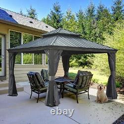 Domi 12x12FT Gazebo Dur extérieur avec toit en aluminium double, rideaux et filet, gris