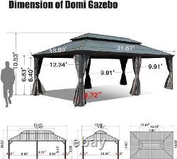 Domi 14x22FT Pavillon de jardin rigide extérieur en aluminium à double toit avec rideaux et moustiquaire, gris