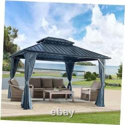 Gazebo de terrasse extérieure avec toit rigide, auvent de double toit galvanisé de 10x12ft noir