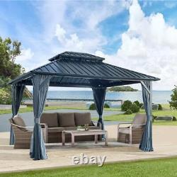 Gazebo de terrasse extérieure avec toit rigide, auvent de double toit galvanisé de 10x12ft noir