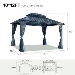 Gazebo de terrasse extérieure avec toit rigide, auvent de double toit galvanisé de 10x12ft noir