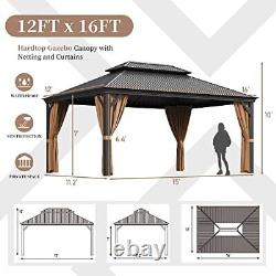 Gazebo en métal à toit rigide, auvent double en acier galvanisé pour extérieur, 12'x16'