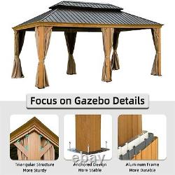 Gazebo rigide 12'x18', pavillon métallique extérieur permanent avec rideaux et moustiquaire