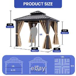 Pavillon de jardin extérieur 10x10 pieds avec toit double en acier galvanisé et rideaux